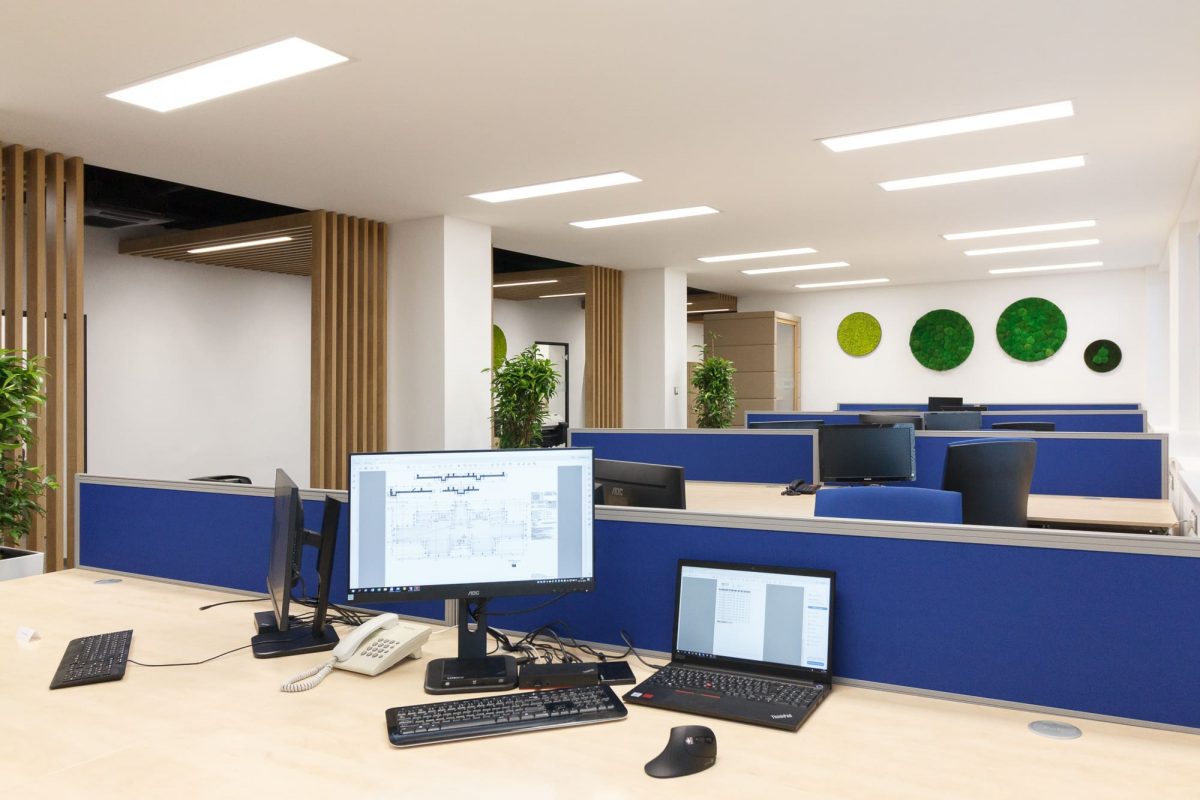 Open Office mit Moosbildern als natürlichem Gestaltungselement in den DYNAMIK Büroräumen