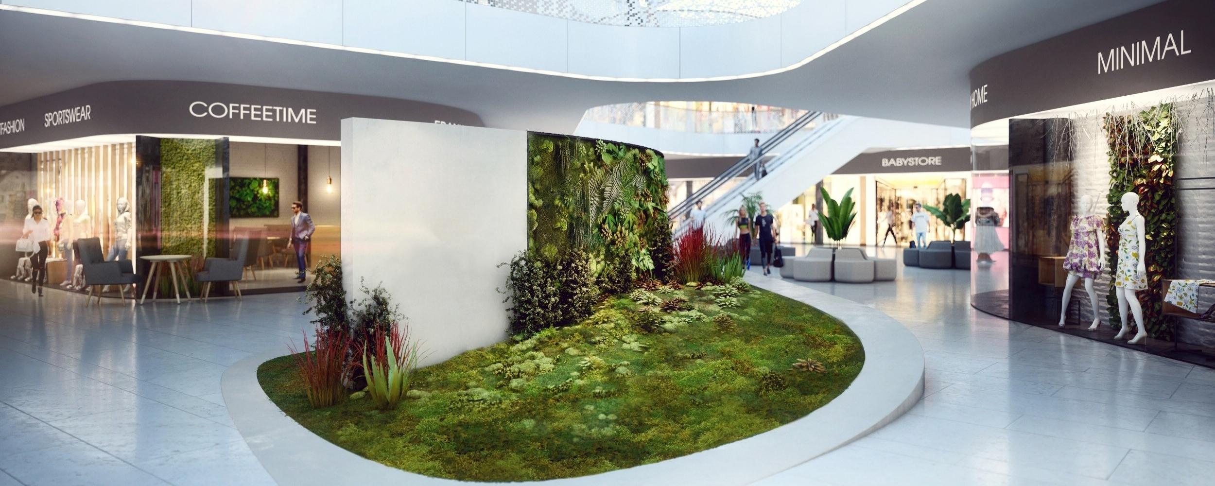 Ladeneinrichtung mit Moowand und Moss- & Pflanzendekoration im Shopping Mall